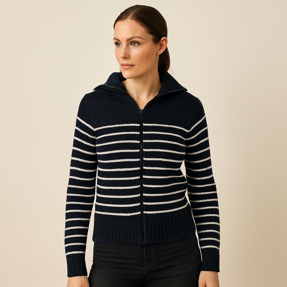 ⚡ Y2K Polo Jeans Striped‎ Zip Sweater – Navy Knit Hoodie | L